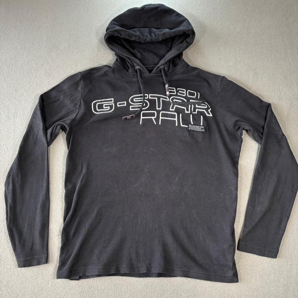 G-Star Raw Hooded T-Shirt‎ Mens XL Black Long Sleeve Tee Y2K Skater Streetwear